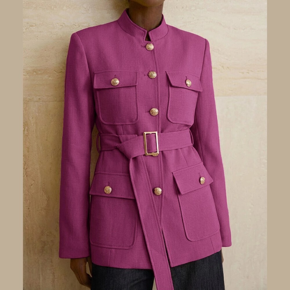 Magenta Pink Woven Belted Stand Collar Flap Pocket Blazer